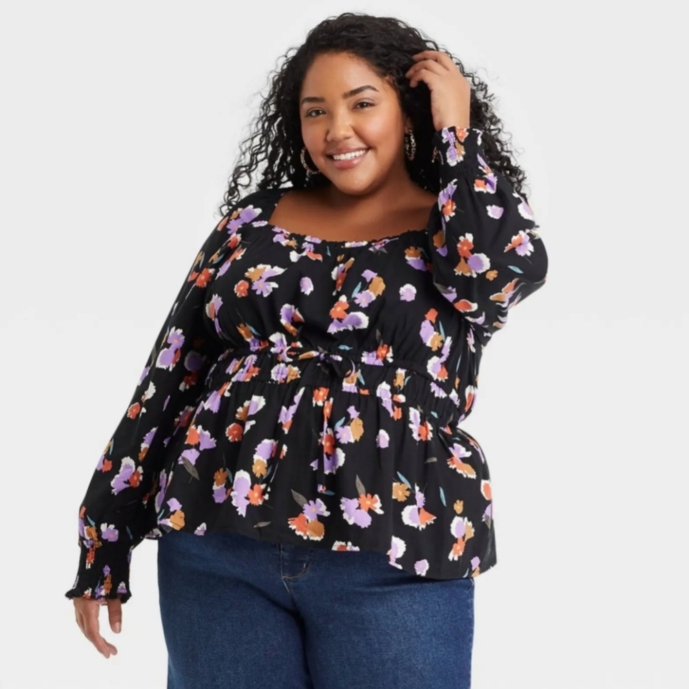 Ava & Viv Black Floral Long Sleeve Peplum Top